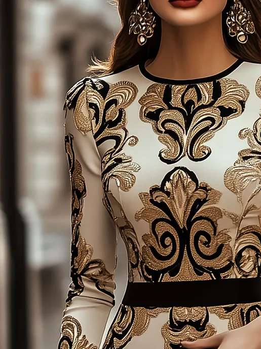 Chic Round Neck Baroque Pattern Print Bodycon Dress
