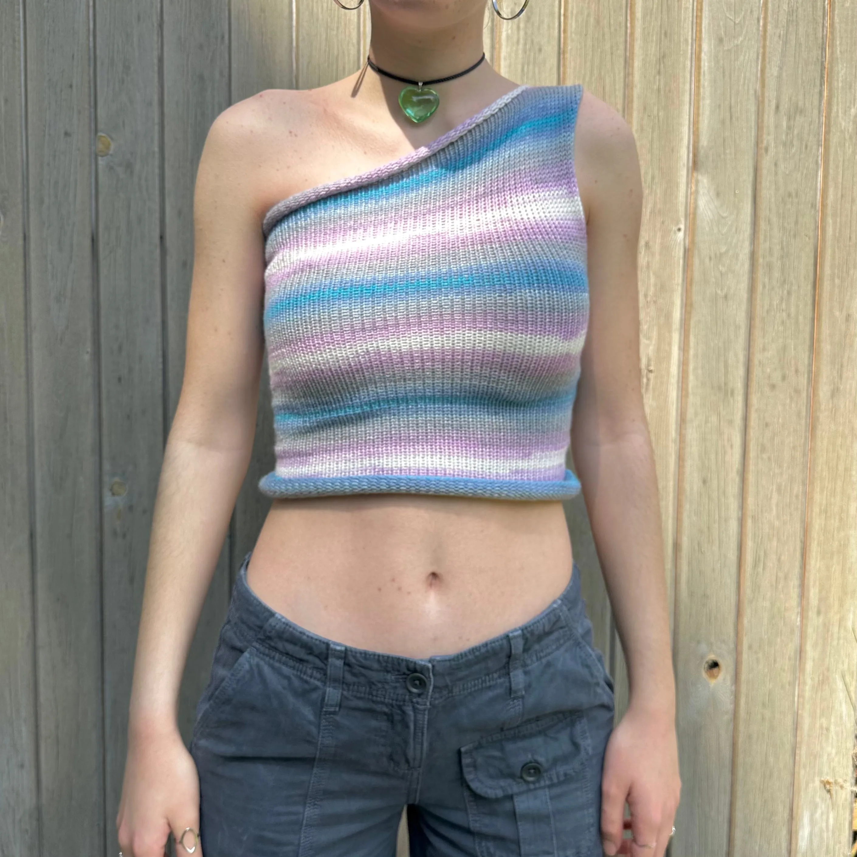Handmade knitted one shoulder asymmetrical top in blue, lilac and white