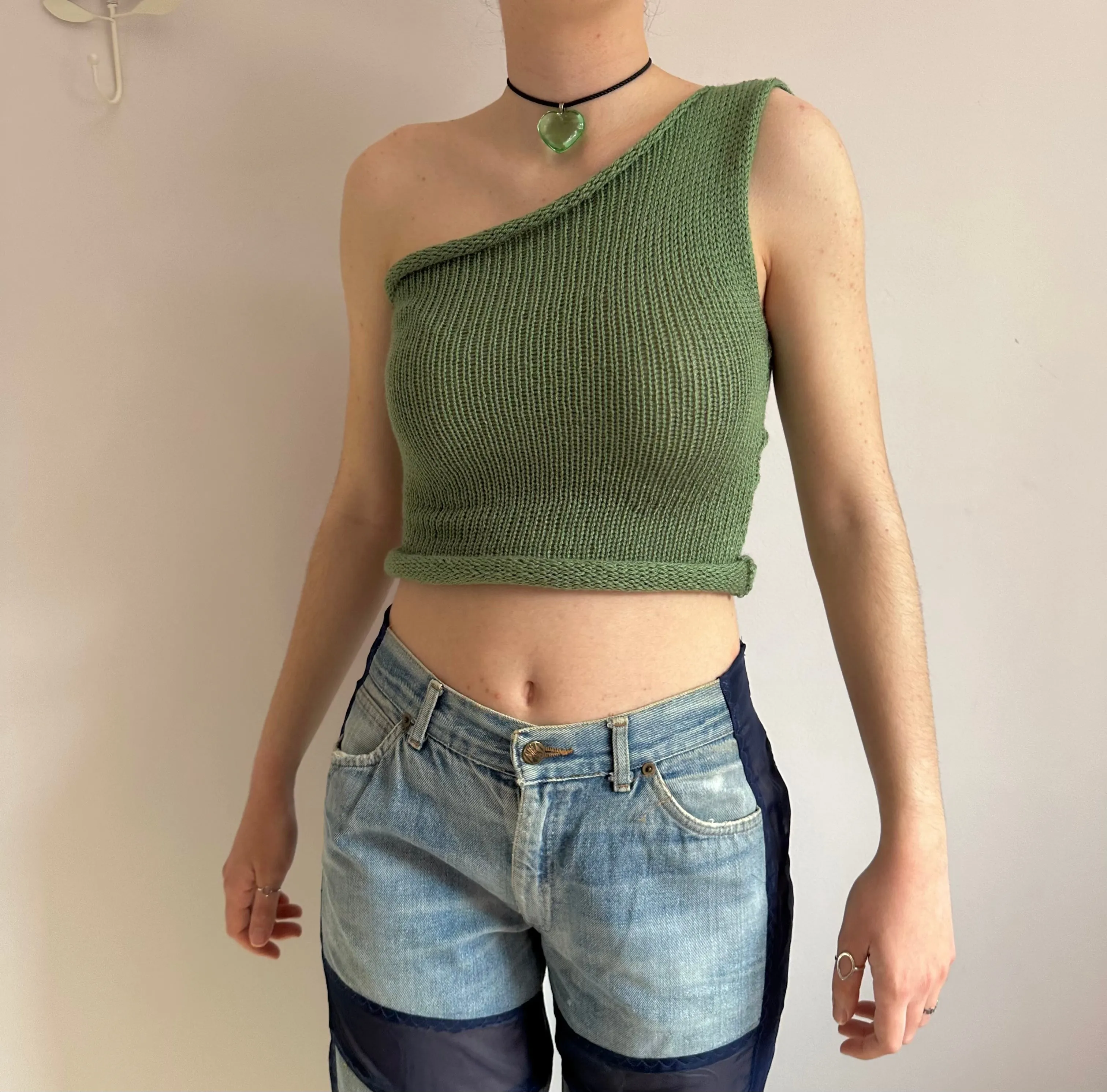 Handmade knitted sage green asymmetrical one shoulder top