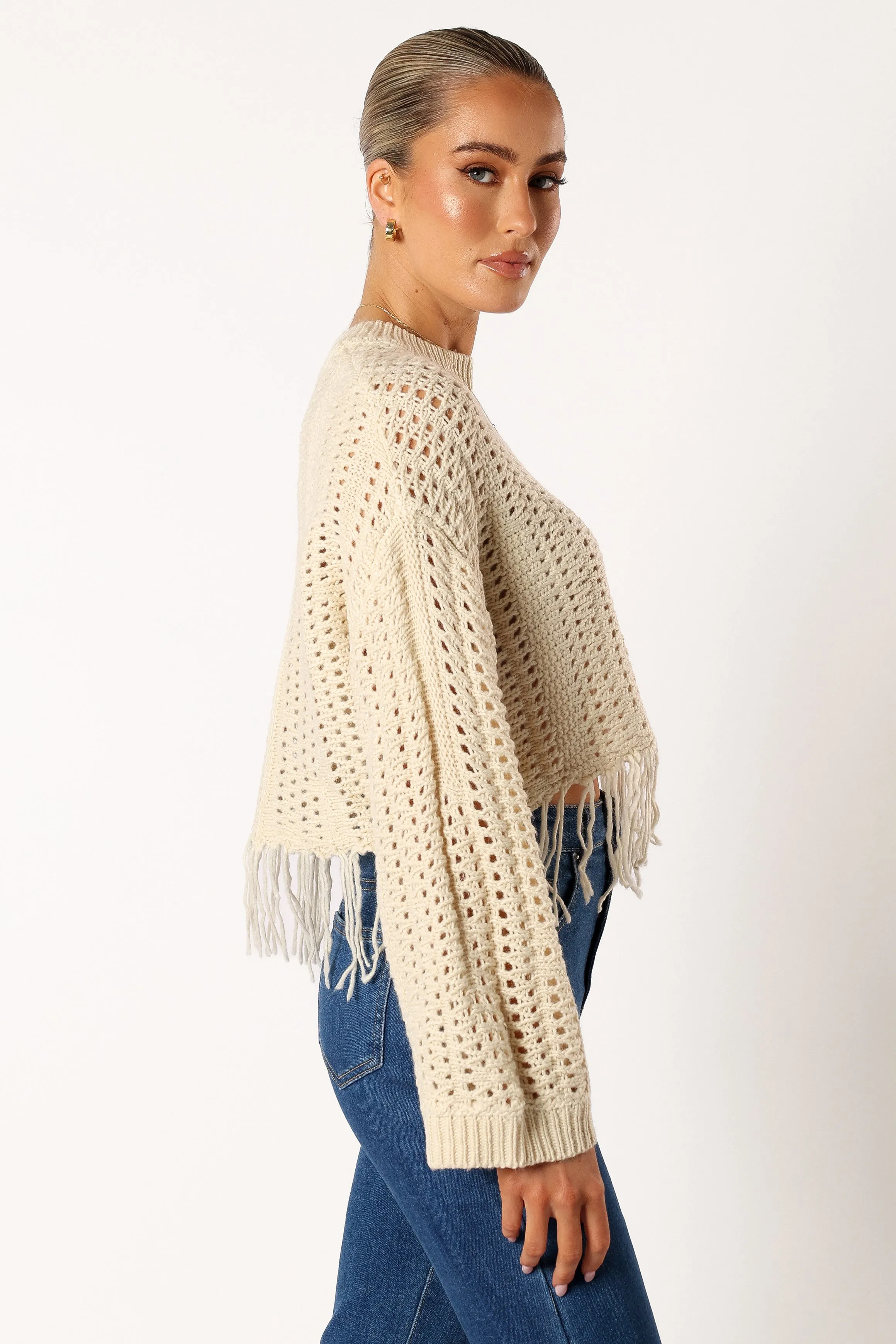 Katalina Fringe Crop Knit Sweater - Cream