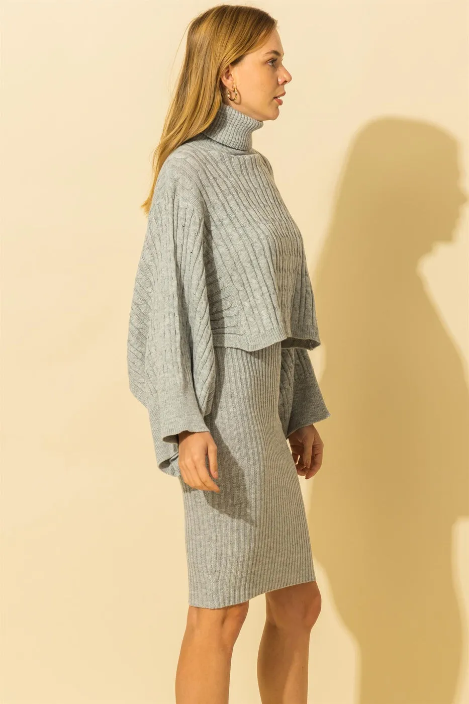MB FASHION Cable-Knit Turtleneck Sweater and Ribbed Midi Dress Set 6273 LAST S