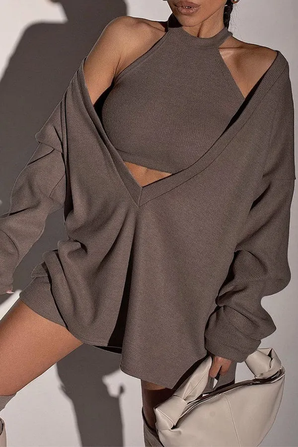 MB FASHION Ribbed Halter Crop Top with Oversized Sweater Set 1065R